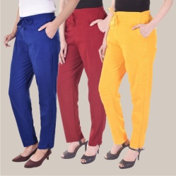 Combo of 3 Cotton Slub Solid Women Regular Fit Trousers Royal Blue Maroon and Yellow-41131