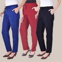 Combo of 3 Cotton Slub Solid Women Regular Fit Trousers Royal Blue Navy Blue and Maroon-41202