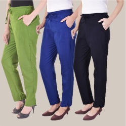 Combo of 3 Cotton Slub Solid Women Regular Fit Trousers Royal Blue Navy Blue and Olive Green-41298