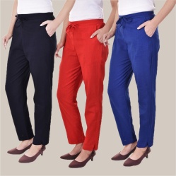 Combo of 3 Cotton Slub Solid Women Regular Fit Trousers Royal Blue Navy Blue and Red-41284