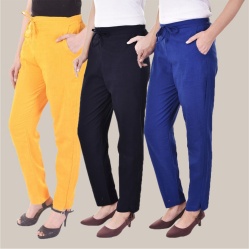 Combo of 3 Cotton Slub Solid Women Regular Fit Trousers Royal Blue Navy Blue and Yellow-41158