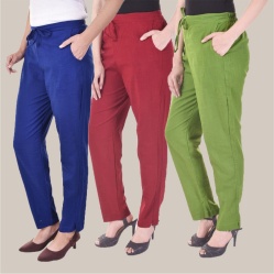 Combo of 3 Cotton Slub Solid Women Regular Fit Trousers Royal Blue Olive Green and Maroon-41197
