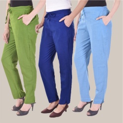 Combo of 3 Cotton Slub Solid Women Regular Fit Trousers Royal Blue Olive Green and Sky Blue-41259