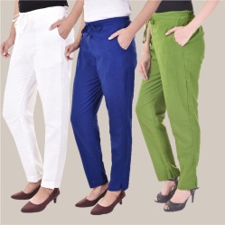 Combo of 3 Cotton Slub Solid Women Regular Fit Trousers Royal Blue Olive Green and White-41232
