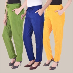 Combo of 3 Cotton Slub Solid Women Regular Fit Trousers Royal Blue Olive Green and Yellow-41153