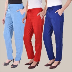 Combo of 3 Cotton Slub Solid Women Regular Fit Trousers Royal Blue Red and Sky Blue-41253