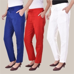 Combo of 3 Cotton Slub Solid Women Regular Fit Trousers Royal Blue Red and White-41226