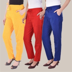 Combo of 3 Cotton Slub Solid Women Regular Fit Trousers Royal Blue Red and Yellow-41147