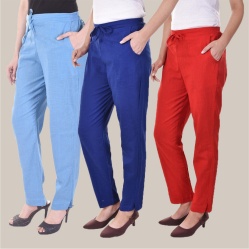 Combo of 3 Cotton Slub Solid Women Regular Fit Trousers Royal Blue Sky Blue and Red-41191