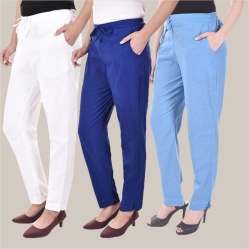 Combo of 3 Cotton Slub Solid Women Regular Fit Trousers Royal Blue Sky Blue and White-41219