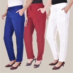Combo of 3 Cotton Slub Solid Women Regular Fit Trousers Royal Blue White and Maroon-41176