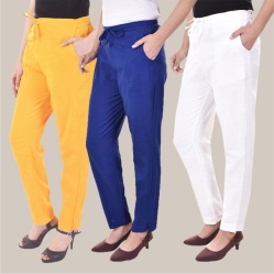 Combo of 3 Cotton Slub Solid Women Regular Fit Trousers Royal Blue White and Yellow-41140