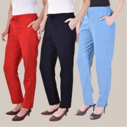 Combo of 3 Cotton Slub Solid Women Regular Fit Trousers Sky Blue Navy Blue and Red-41188