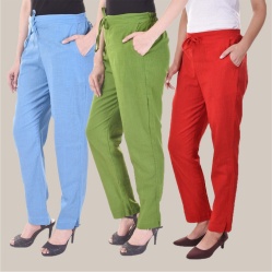Combo of 3 Cotton Slub Solid Women Regular Fit Trousers Sky Blue Olive Green and Red-41187