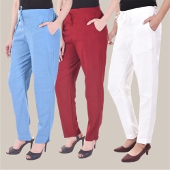 Combo of 3 Cotton Slub Solid Women Regular Fit Trousers Sky Blue White and Maroon-41170