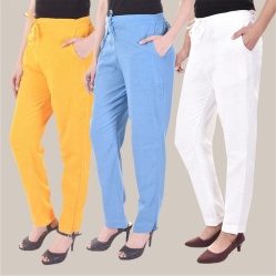 Combo of 3 Cotton Slub Solid Women Regular Fit Trousers Sky Blue White and Yellow-41134