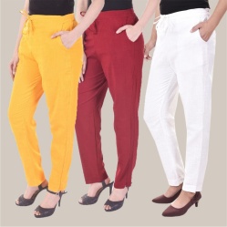 Combo of 3 Cotton Slub Solid Women Regular Fit Trousers White Maroon and Yellow-41124
