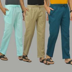 Combo of 3 Cyan Beige and Blue Cotton Men Pants-45873