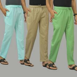 Combo of 3 Cyan Beige and Parrot Green Cotton Men Pants-45872