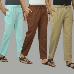 Combo of 3 Cyan Coffee Brown and Beige Cotton Men Pants-45864