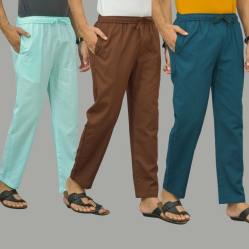 Combo of 3 Cyan Coffee Brown and Blue Cotton Men Pants-45866