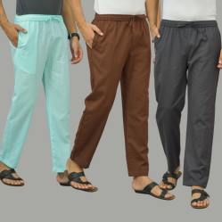 Combo of 3 Cyan Coffee Brown and Dark Gray Cotton Men Pants-45863
