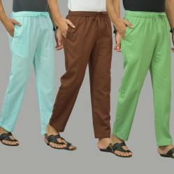 Combo of 3 Cyan Coffee Brown and Parrot Green Cotton Men Pants-45865