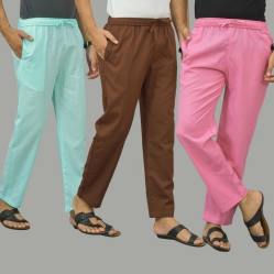 Combo of 3 Cyan Coffee Brown and Pink Cotton Men Pants-45867