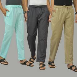 Combo of 3 Cyan Dark Gray and Beige Cotton Men Pants-45868