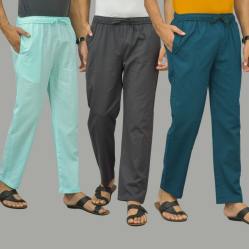 Combo of 3 Cyan Dark Gray and Blue Cotton Men Pants-45870
