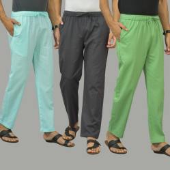 Combo of 3 Cyan Dark Gray and Parrot Green Cotton Men Pants-45869