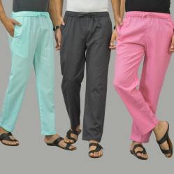 Combo of 3 Cyan Dark Gray and Pink Cotton Men Pants-45871