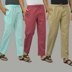 Combo of 3 Cyan Dark Red and Beige Cotton Men Pants-45820