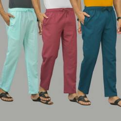 Combo of 3 Cyan Dark Red and Blue Cotton Men Pants-45822