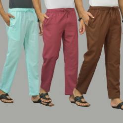 Combo of 3 Cyan Dark Red and Coffee Brown Cotton Men Pants-45818