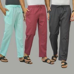 Combo of 3 Cyan Dark Red and Dark Gray Cotton Men Pants-45819