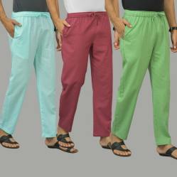 Combo of 3 Cyan Dark Red and Parrot Green Cotton Men Pants-45821