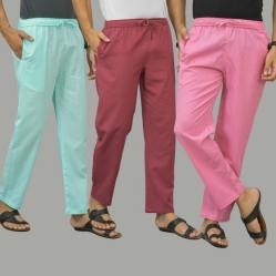 Combo of 3 Cyan Dark Red and Pink Cotton Men Pants-45823