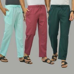 Combo of 3 Cyan Dark Red and Teal Blue Cotton Men Pants-45816