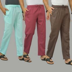 Combo of 3 Cyan Dark Red and Wood Brown Cotton Men Pants-45815