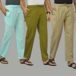 Combo of 3 Cyan Mos Green and Beige Cotton Men Pants-45829