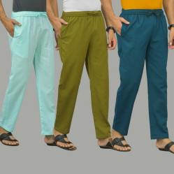 Combo of 3 Cyan Mos Green and Blue Cotton Men Pants-45831