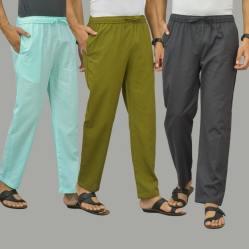 Combo of 3 Cyan Mos Green and Dark Gray Cotton Men Pants-45828