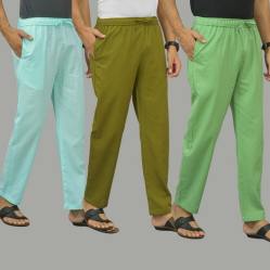 Combo of 3 Cyan Mos Green and Parrot Green Cotton Men Pants-45830