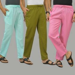 Combo of 3 Cyan Mos Green and Pink Cotton Men Pants-45832
