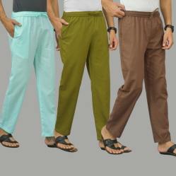 Combo of 3 Cyan Mos Green and Rust Brown Cotton Men Pants-45826