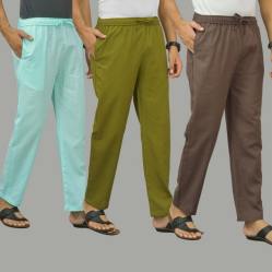 Combo of 3 Cyan Mos Green and Wood Brown Cotton Men Pants-45825