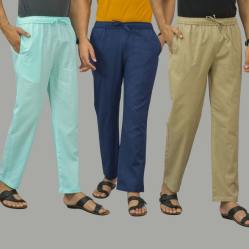Combo of 3 Cyan Navy Blue and Beige Cotton Men Pants-45838