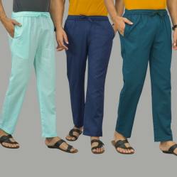 Combo of 3 Cyan Navy Blue and Blue Cotton Men Pants-45840