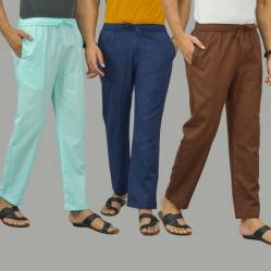 Combo of 3 Cyan Navy Blue and Coffee Brown Cotton Men Pants-45836